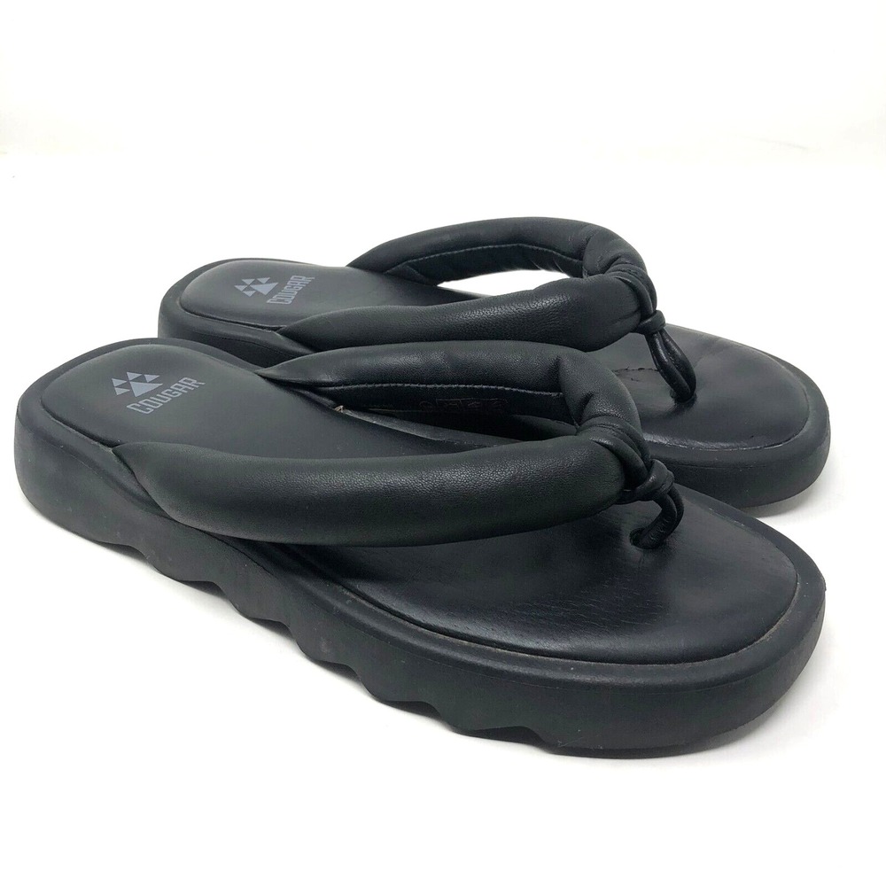 Cougar Jasmine Leather‎ Sandals Women 8 Black Platform Flip Flop Thong Slip On